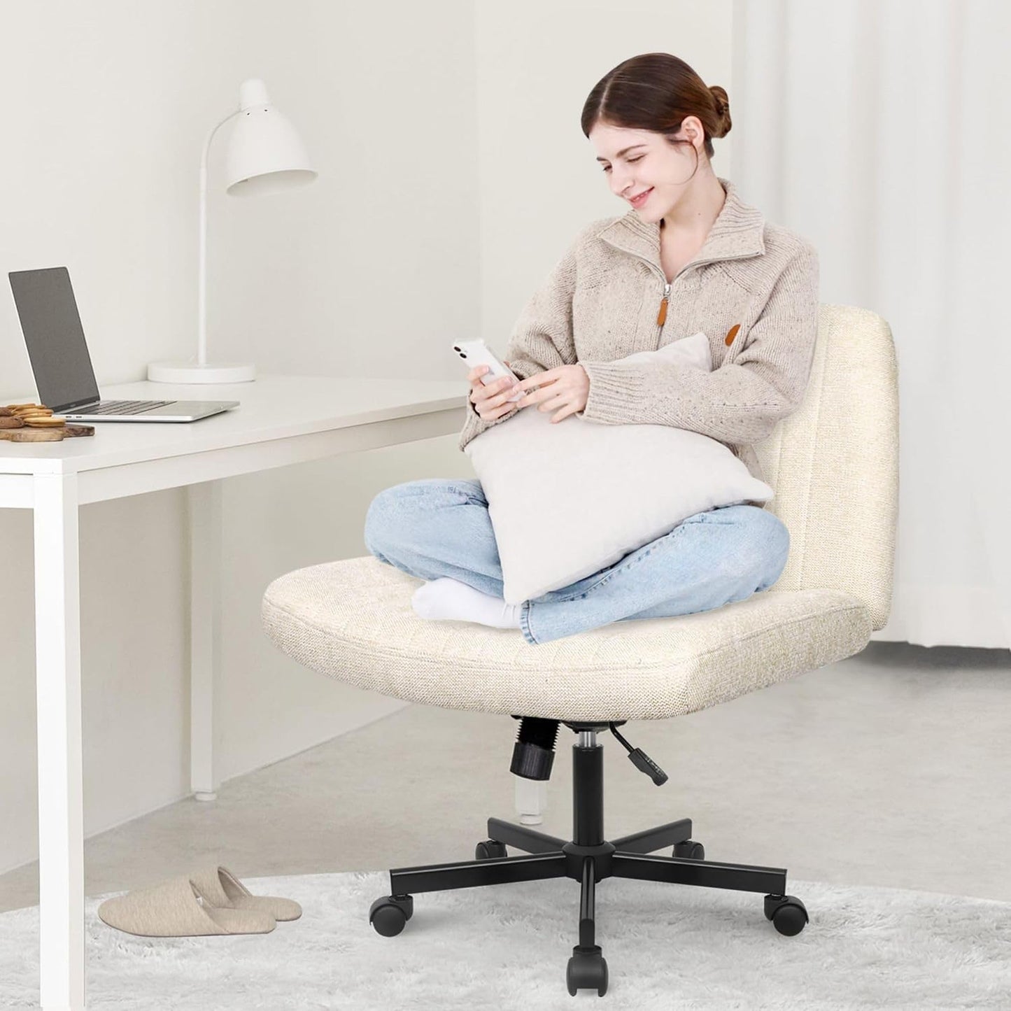 Orange Factory Criss Cross Chair, Wide Fabric Vanity Desk Seat, Beige Wheel