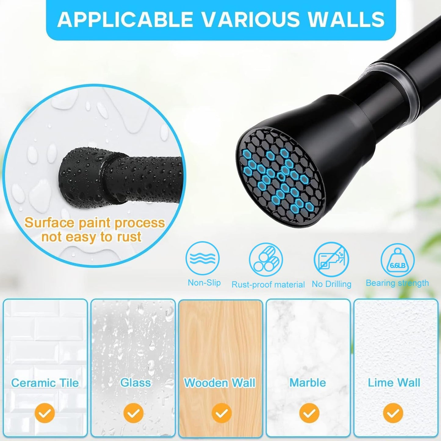 Black Shower Curtain Rod 40-73 inch Black Shower Rod Tension Curtain Rod No Drilling Shower Curtain Rods Spring Tension Shower Rods for Bathroom