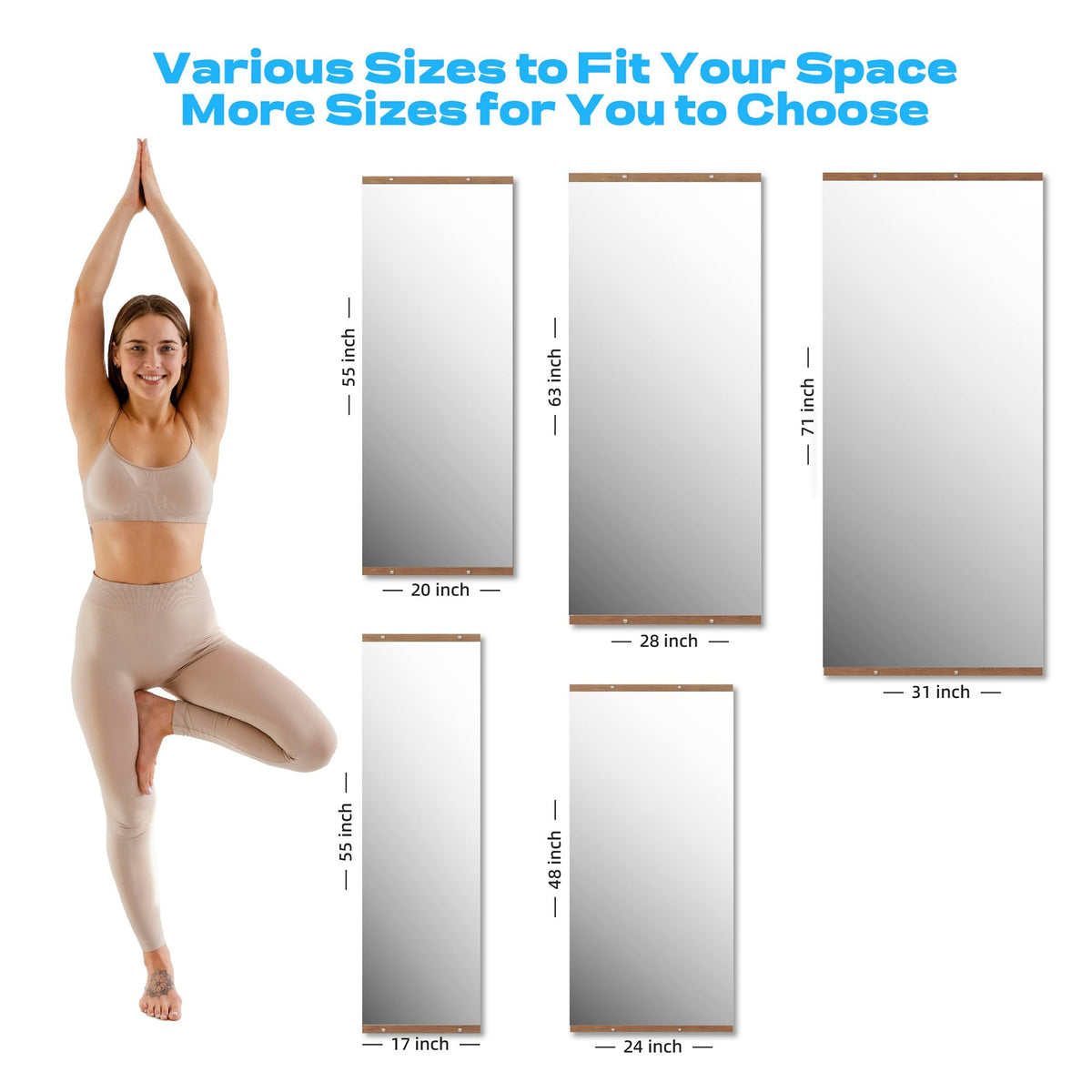 Hasipu 2Pcs 48''x24'' Home Gym Mirror Large Full Length Wall Mounted Full Body Mirror for Yoga Dance Fitness Exercise Studio Bedroom Garage, Frameless Tempered Glass Workout Mirrors Walnut Rectangular