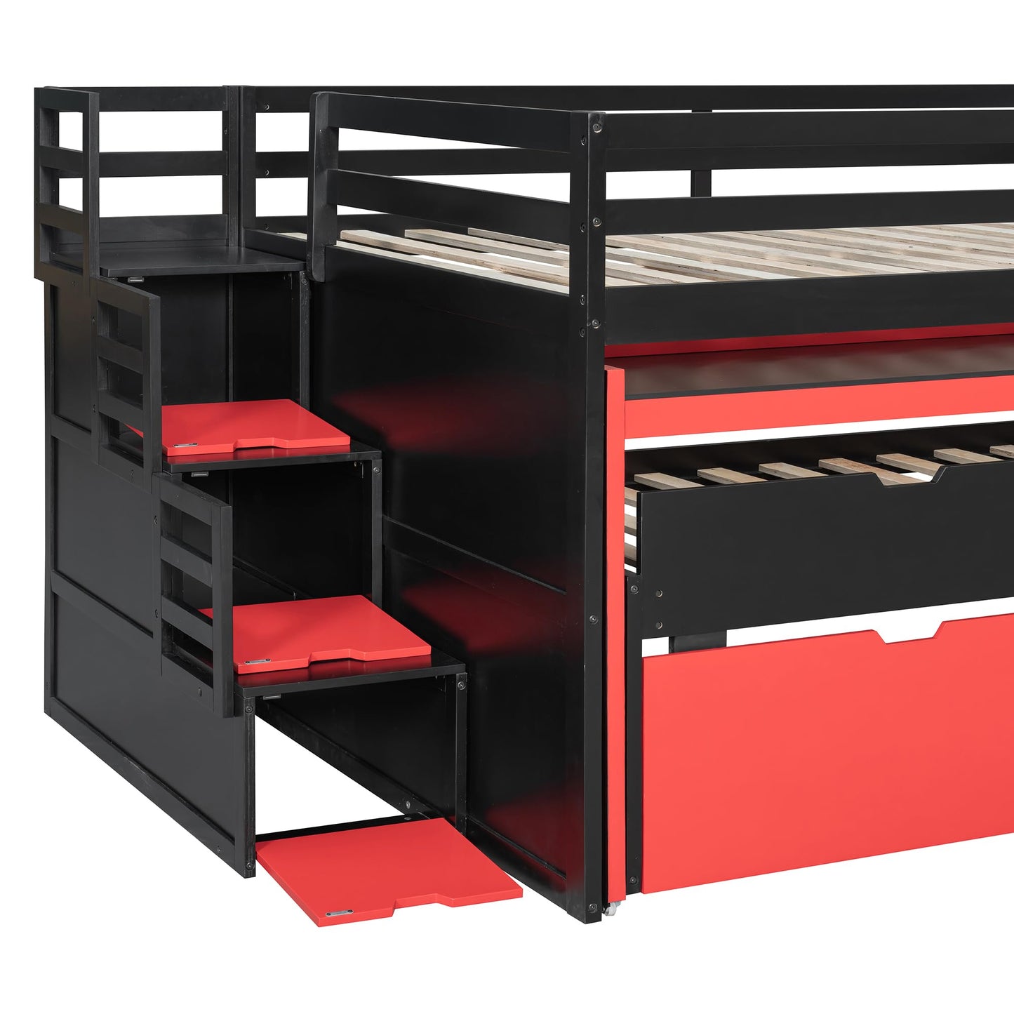 Virubi Full XL Loft Bed with Pull-Out Desk and Twin Trundle, Multi-Functional Bunk Bed with Storage Steps & 2 Drawers, Space-Saving Gaming & Workstation Bedframe (Black+Red, Full XL)