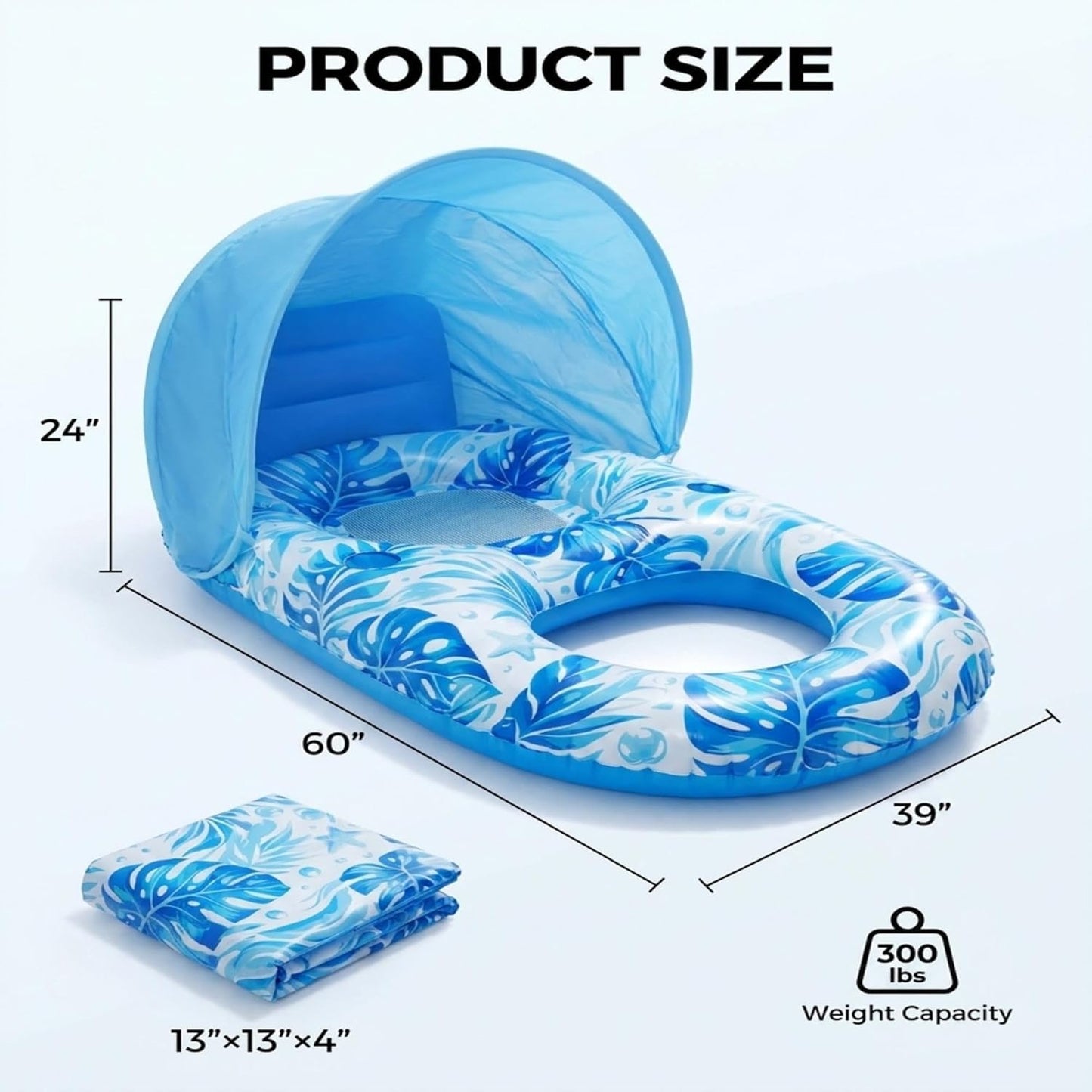 Pool Floats Adult with Canopy, Inflatable Lounger Float with Adjustable Sun Shield & Cup Holders, Water Chair for Swimming Pool Party