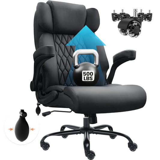 500lbs Big and Tall Office Chair Adjustable Lumbar Support for Back Pain, Extra Wide Seat Executive Office Chair Thick Armrest Pad, Heavy Duty Base&Upgraded Wheels, Ergonomic Desk Chair