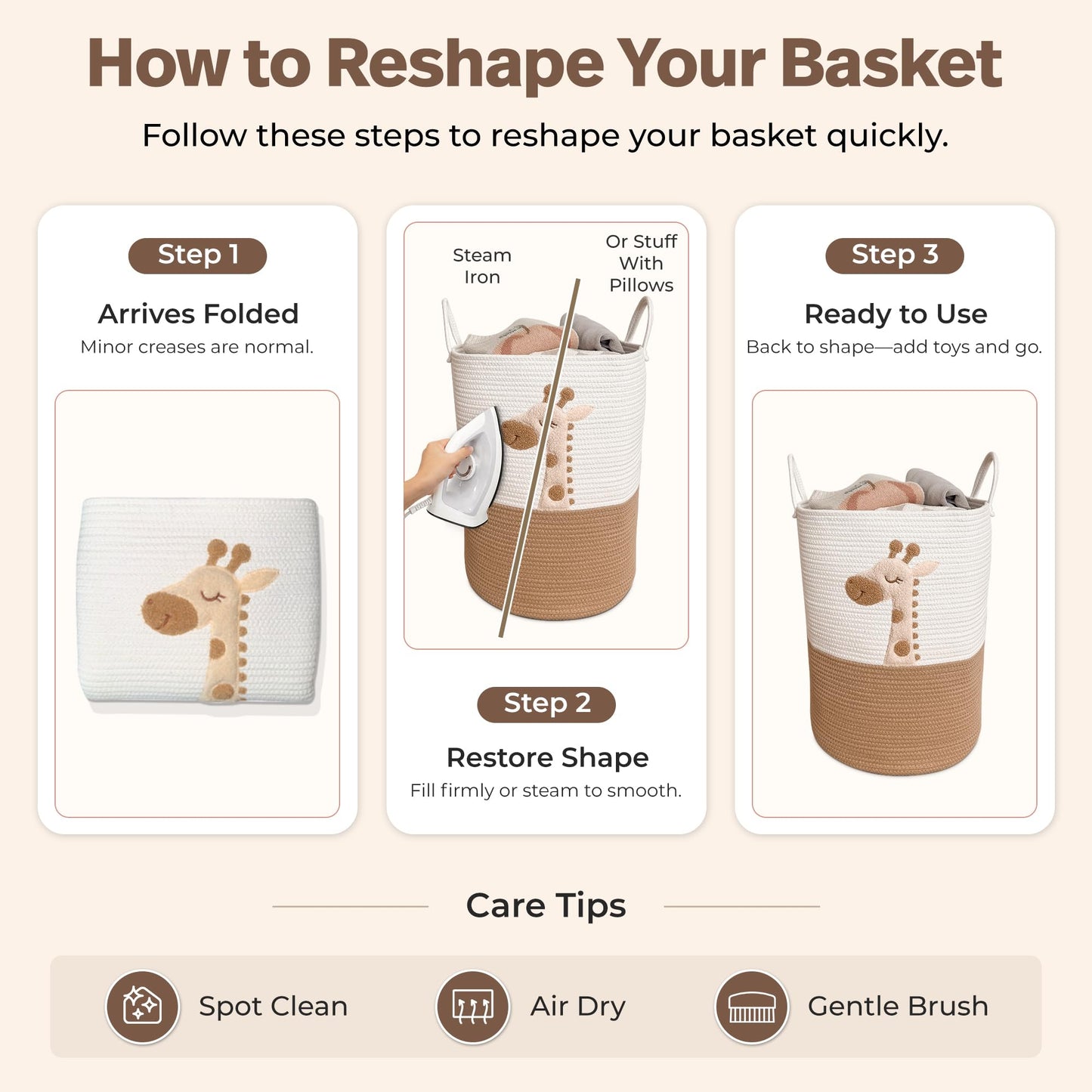 Baby Laundry Basket & Nursery Hamper – 20"x15" Large Giraffe Baby Hamper for Nursery Decor, Tall Woven Rope Dirty Clothes Laundry Hamper with Handles, Safari Animal Baby Room Storage Bin (White & Tan)