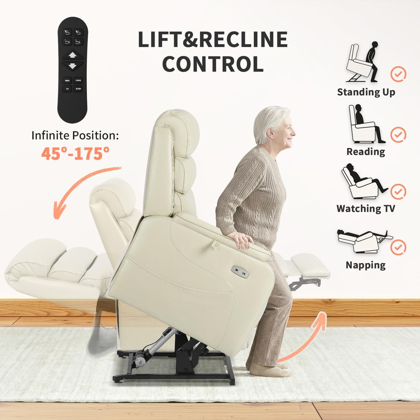 EONIX Dual Motor Lay Flat Power Lift Recliner Chair for Elderly, Breathable Leather Electric Lift Chairs for Adults, 400lbs Heavy Duty Power Recliner with Heat and Massage, SLRY003061, Cream White