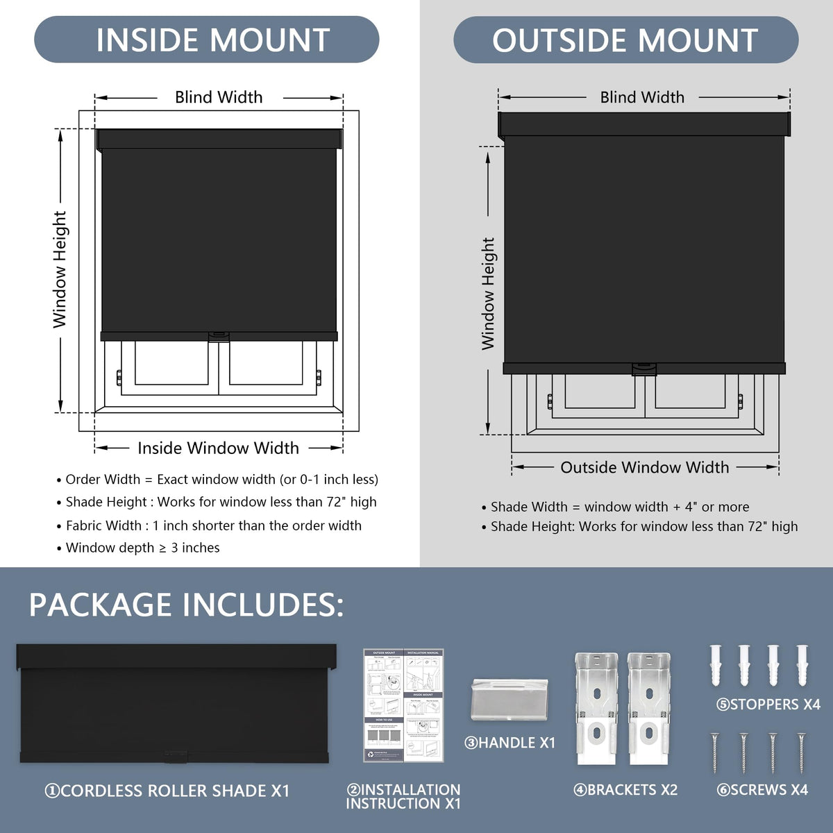 AOSKY Cordless Blackout Roller Shades, 34" W x 72" H, Black