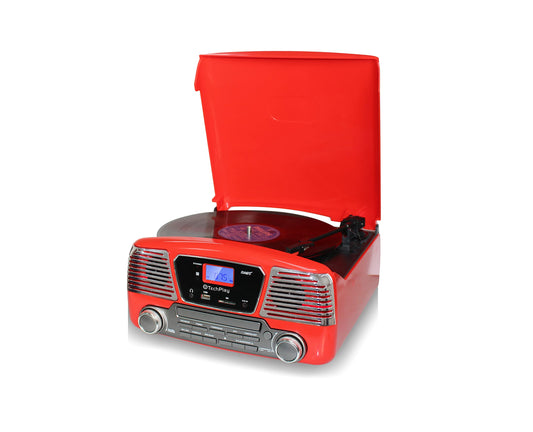 TechPlay ODC35BT RED with Bluetooth, 3 Speed Turntable Programmable MP3 CD Player, USB/SD, Radio & Remote Control