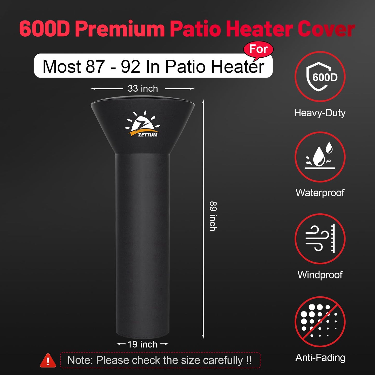 Zettum Patio Heater Covers - 600D Outdoor Heater Cover with Zipper Waterproof Heavy Duty, Propane Heat Cover for East Oak, Hampton Bay, Fire Sense and More (89" Height x 33" Dome x 19" Base)