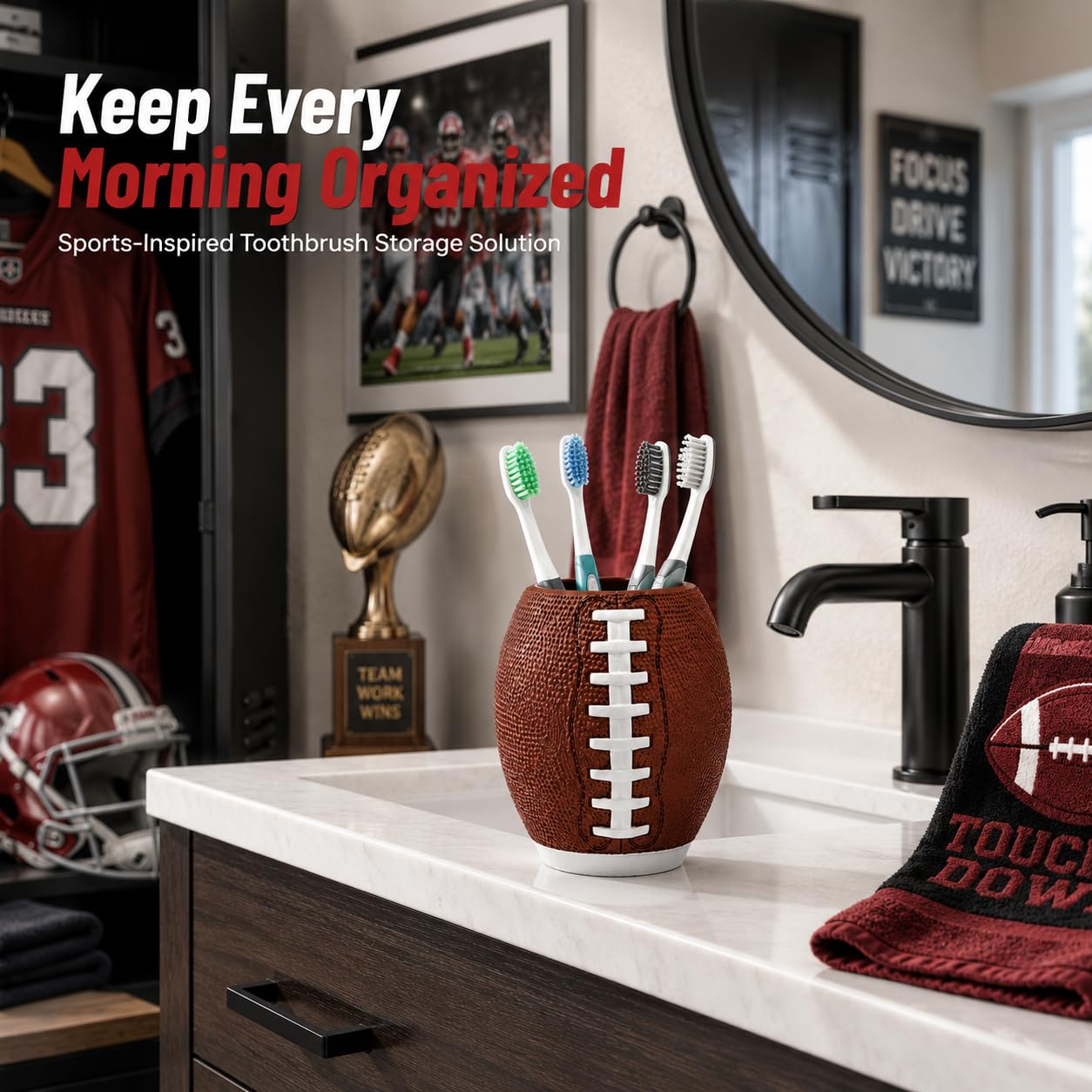 YangShiMoeed 4-Piece Sports Bathroom Accessories Set Complete with Basketball Lotion/Soap Dispenser,Soccer Bath Cup/Tumbler,Base Ball Soap Dish,Football Toothbrush Holder