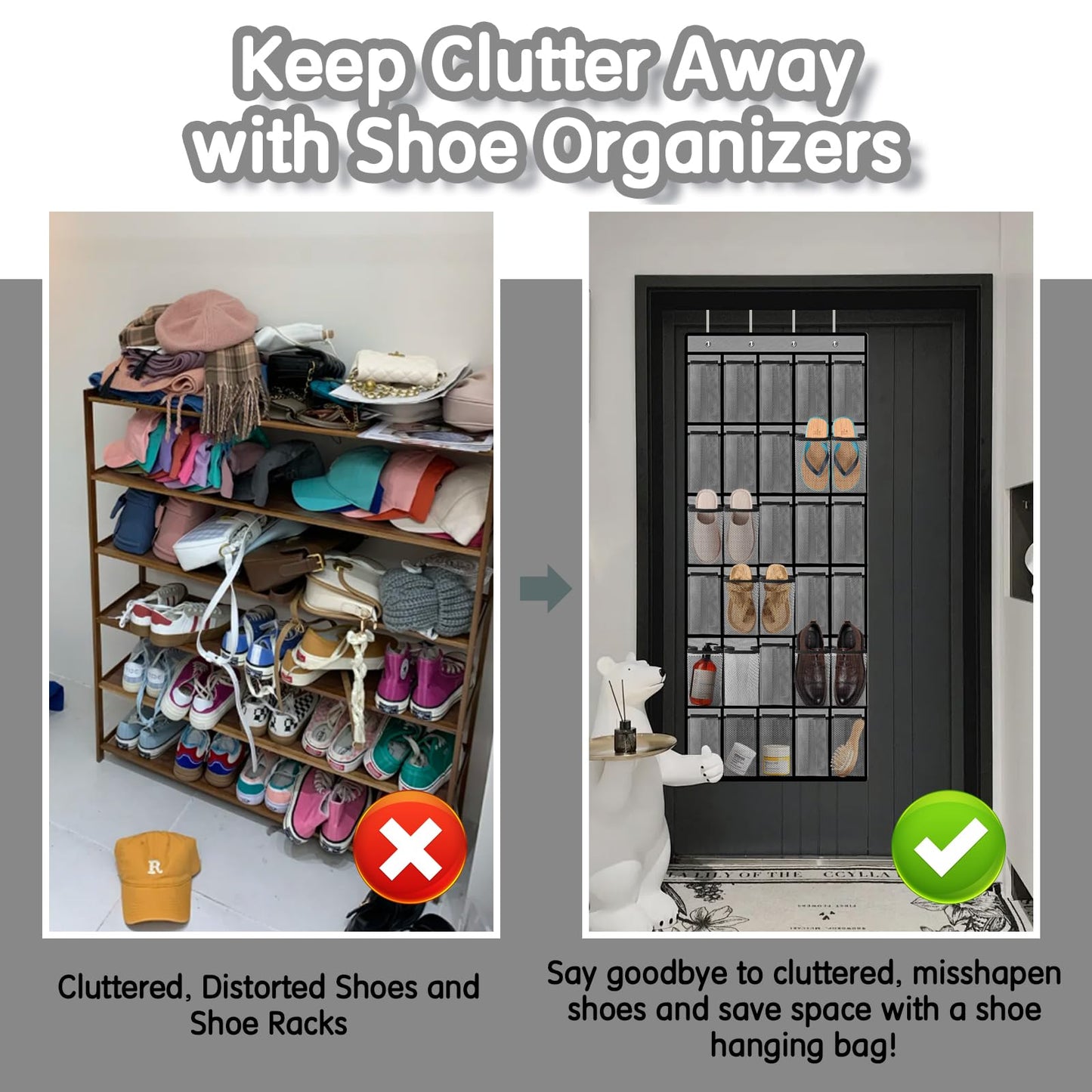 Kotkn Over the Door Shoe Organizer with 30 Breathable Mesh Pockets - Large Capacity Closet Storage for Men & Women, Hanging Shoe Rack Organizer (Gray)