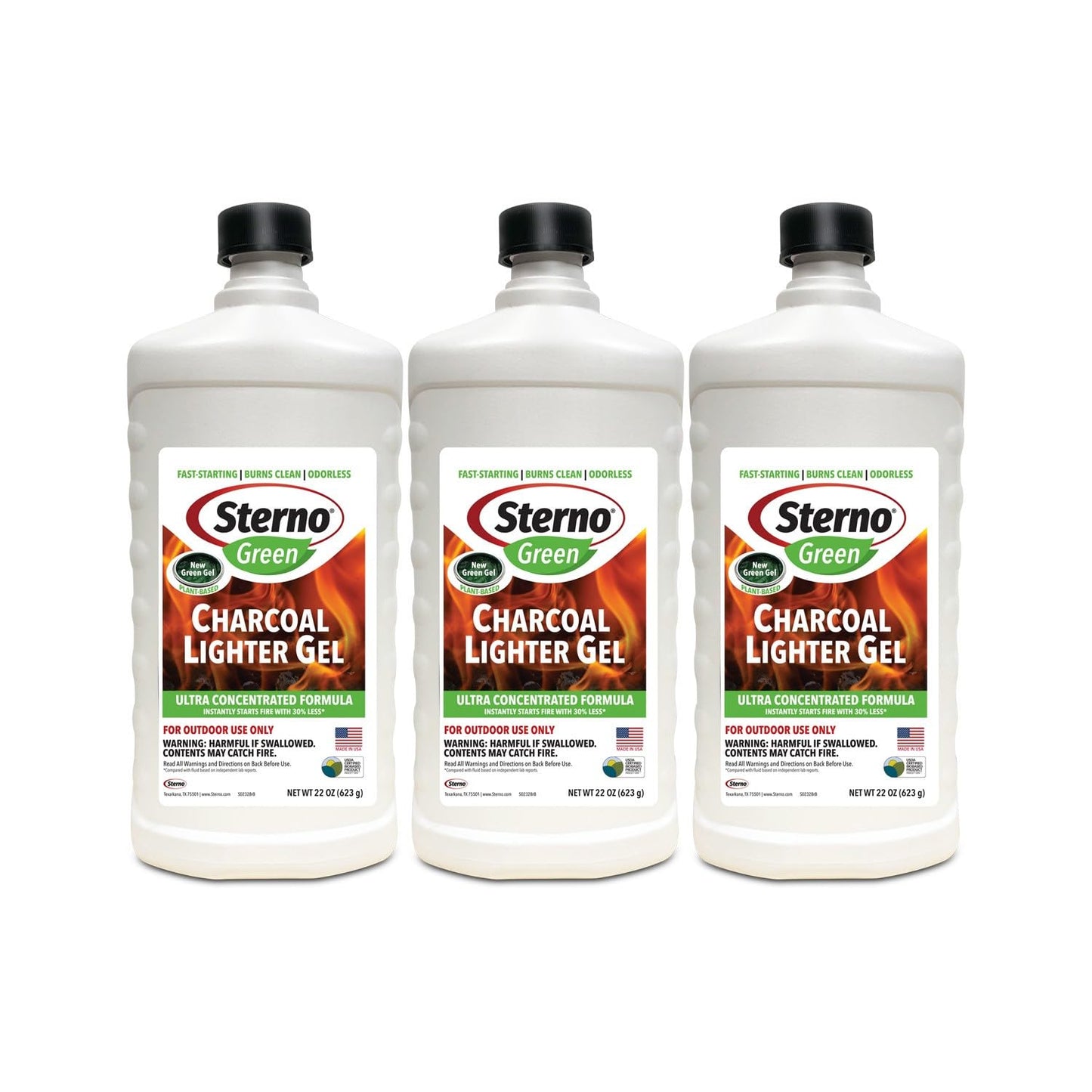 Sterno Fire Starter Ethanol Gel - Charcoal Lighter Fluid Fuel - Concentrated Ethanol Fuel for Fireplace - All-Weather Ethanol Burner for Outdoor, 22 Oz Each, Pack of 3 Bottles