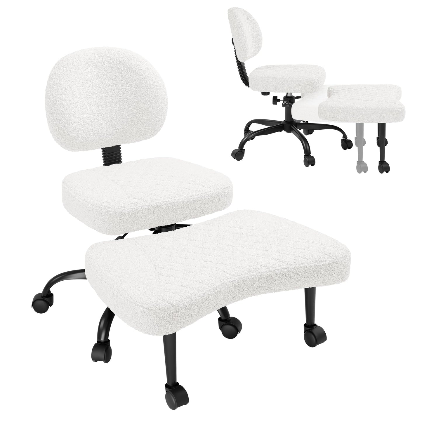 GUNJI Ergonomic Criss Cross Legged Office Chair, 360° Swivel Meditation Kneeling Chair with Wheels, ADHD Chair with Footrest, Lumbar Support, Wider Height Adjustable Seat (White, Teddy Fleece)
