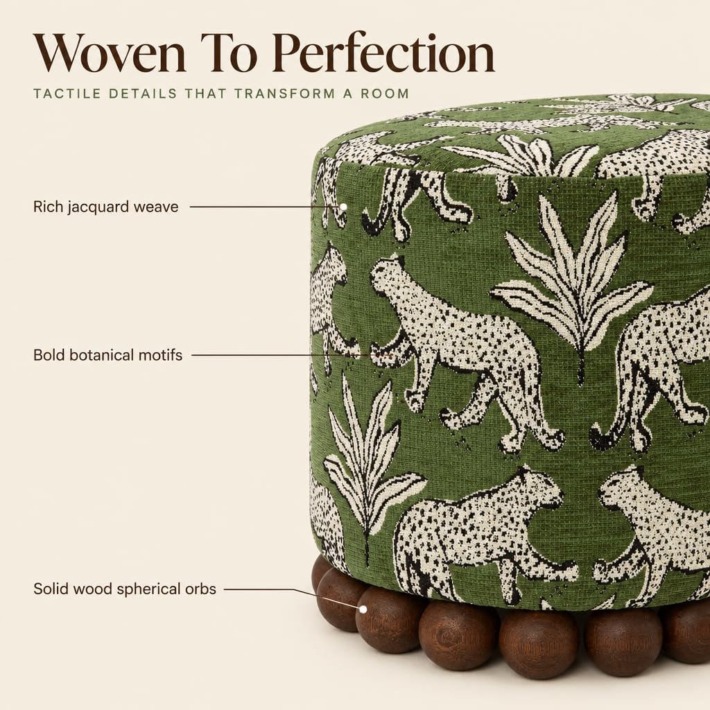 TOV Furniture Dex Small Round Ottoman, Leopard Jacquard, Olive Green