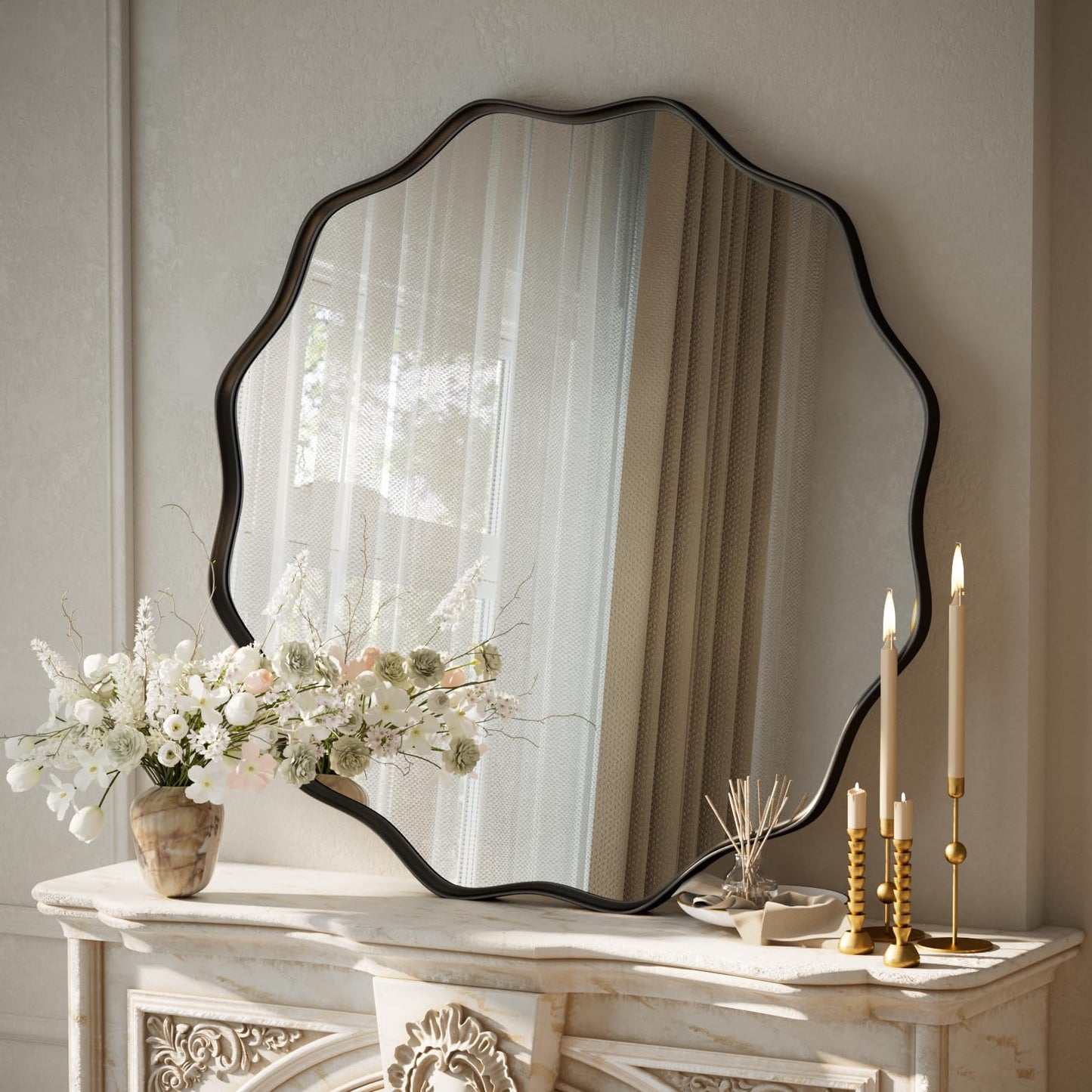 VooBang Black Scalloped Circle Mirror 30" Wavy Edge Round Wall Mirror
