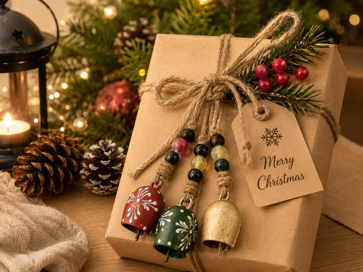 TA DIZAYN Handmade Decorative Bells, Gold Finish, Jute Rope, Rustic Style, Wall Hanging Decor, Door Knob, Wiccan Gifts for Home Wall Door (Beaded String Decorative Bells)