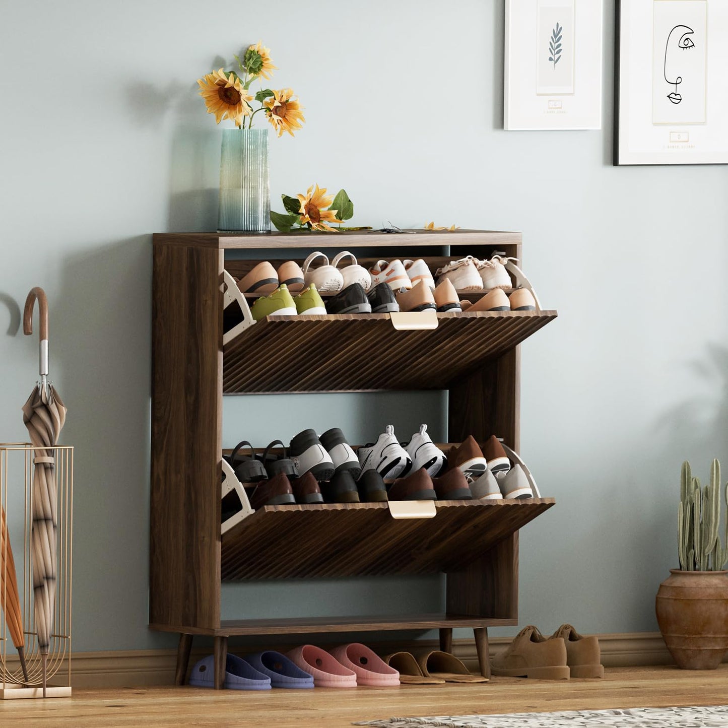 QIVOMIX Shoe Cabinet Storage, Modern Freestanding Organizer with 2 Flip Drawers, Narrow Shoe Rack for Entryway, Walnut