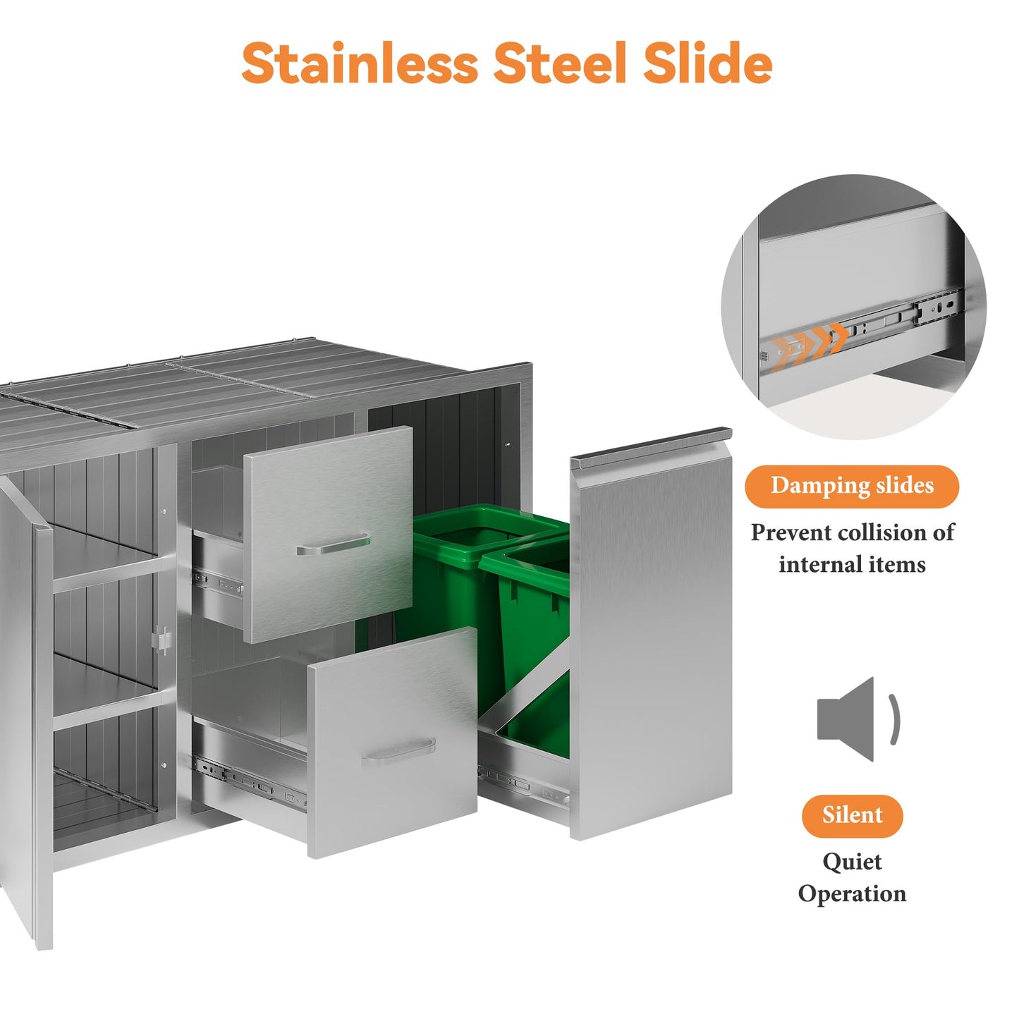 Jocisland 41.5" W×20" D×23" H Stainless Steel Outdoor Kitchen Drawers, Double Drawers with Trash Drawer & Door, 3-Tier Cabinet, Built-in BBQ Island Storage for Outdoor Kitchens