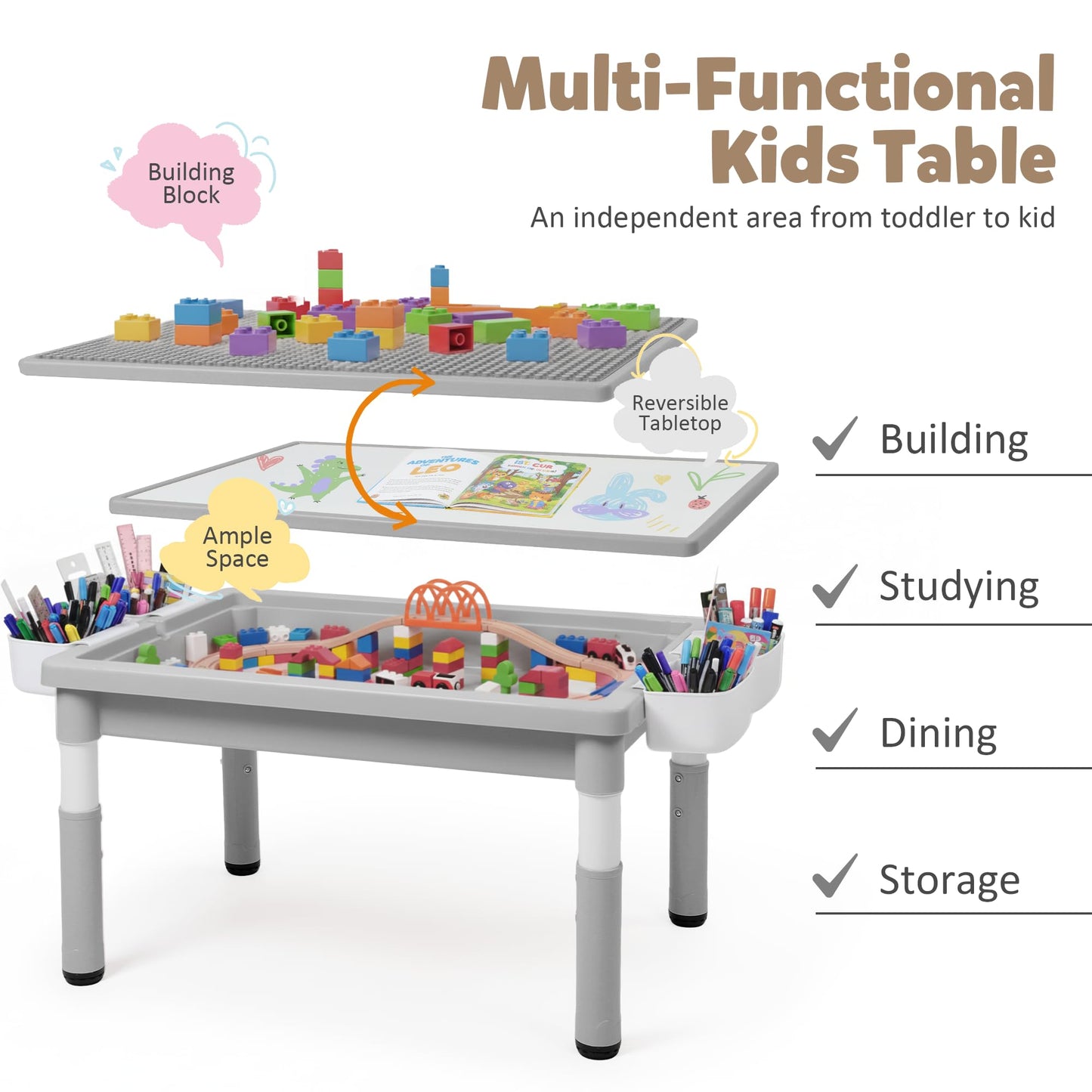 Kids Table and Chairs Set Large Storage, Height Adjustable Toddler Activity Table and 2 Chairs Set, 34.6x24.8" Graffiti/Block Building Desktop, 4 Side Boxes, Kids desk for Home, Preschool, Classroom