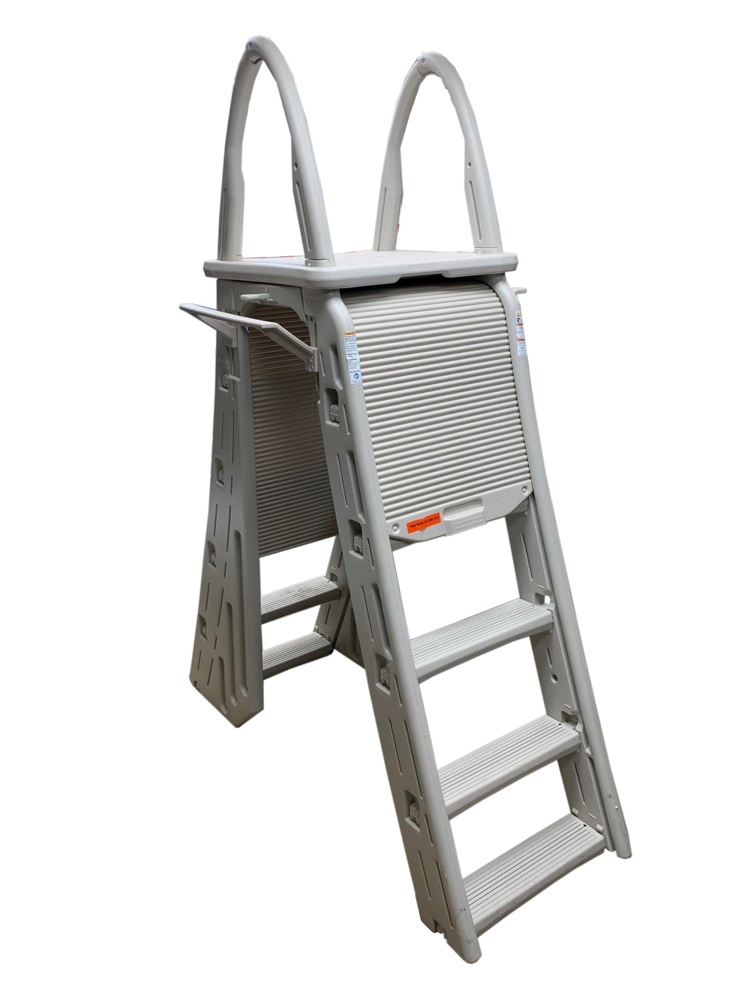 Confer Plastics 7200 Roll Guard fits Above-Ground Pool Heights from 48" to 56" A Frame Safety Ladder for Above Ground Outdoor Patio Swimming Pool Platform Ladder with Step Barrier Warm Grey