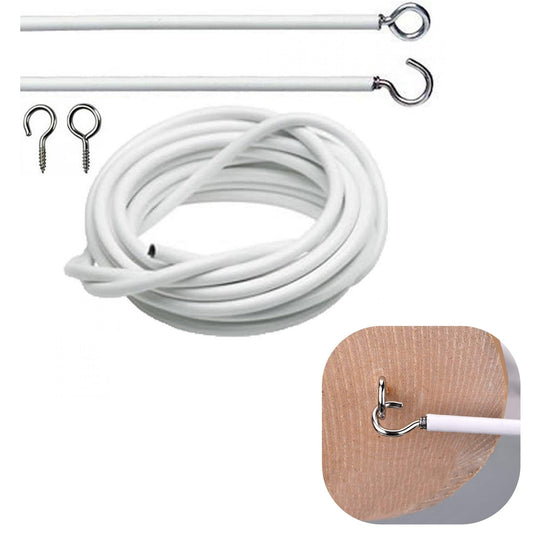 White Net Curtain Wire Kit, No Stretch Hanging Cord, 4 Hooks & 4 Fish Eyes