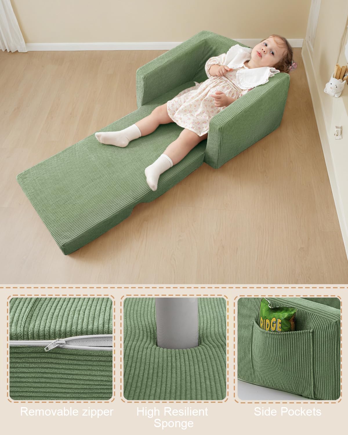Jouha Toddle & Kids Chair,2-in-1 Soft Toddler Couches that Fold Out,Toddler Chairs Comfy 1-3 Years Old,Convertible Sofa to Lounge,Green