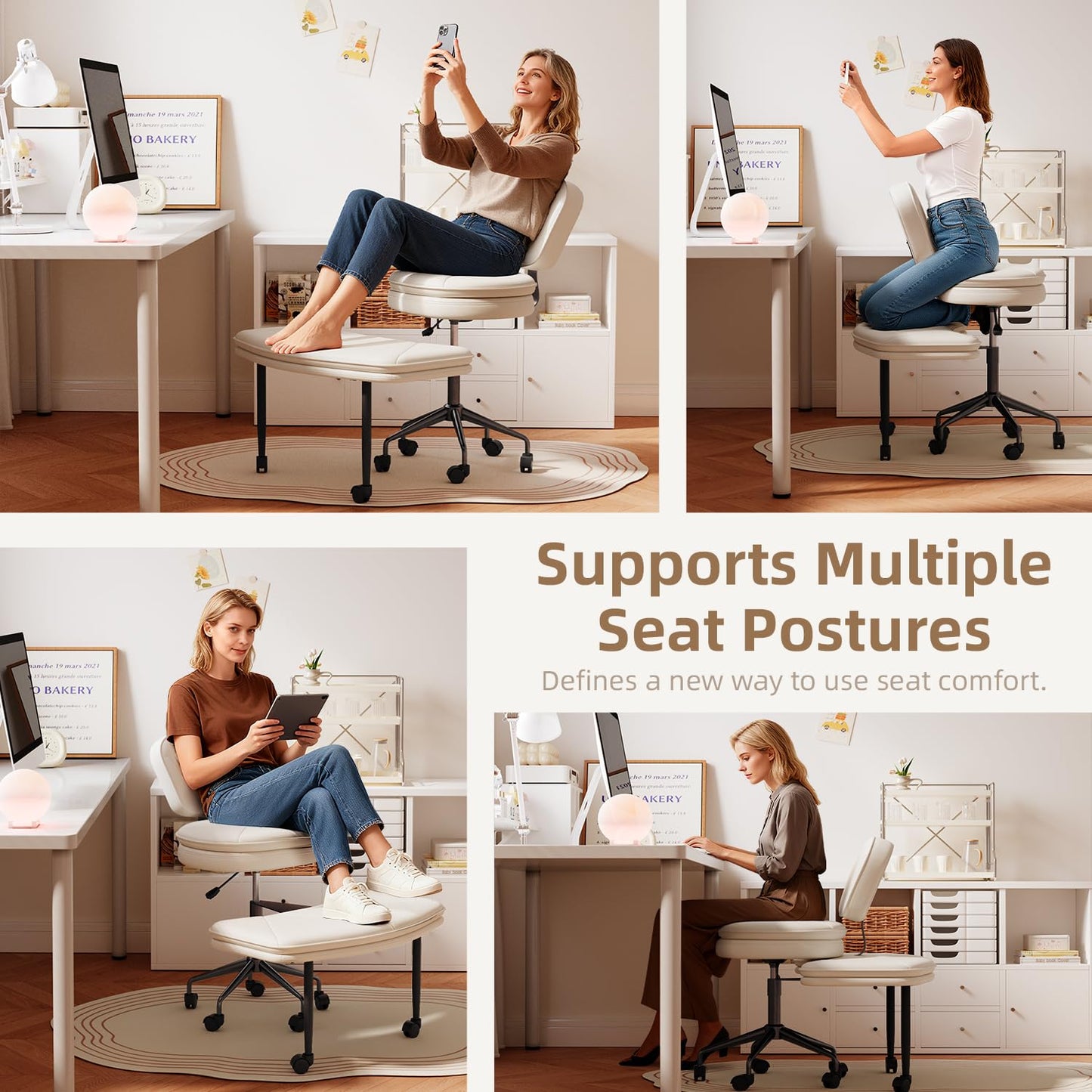 IdeaKey Ergonomic Cross Legged Chair, 360°Swivel Criss Cross Chair with Wheels, Double-Layer Upholstered Desk Chair, 31.3" Large Office Chair for Meditation and ADHD. White