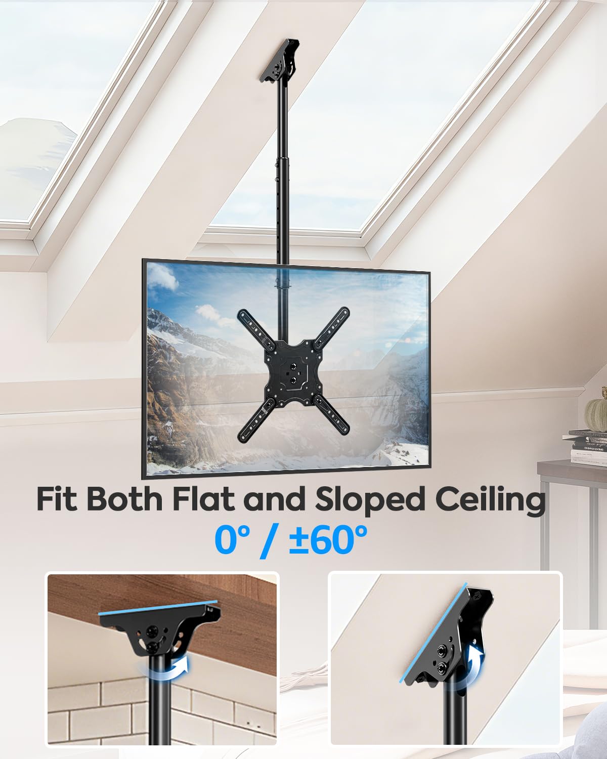MOUNTUP Ceiling TV Mount for Most 24''- 65'' TVs, Hanging TV Ceiling Mount for 32 42 43 50 55 60 65 inch Screen, Full Motion Height Adjustable Bracket, Holes up to 99lbs, Max VESA 400x400mm, MU0039
