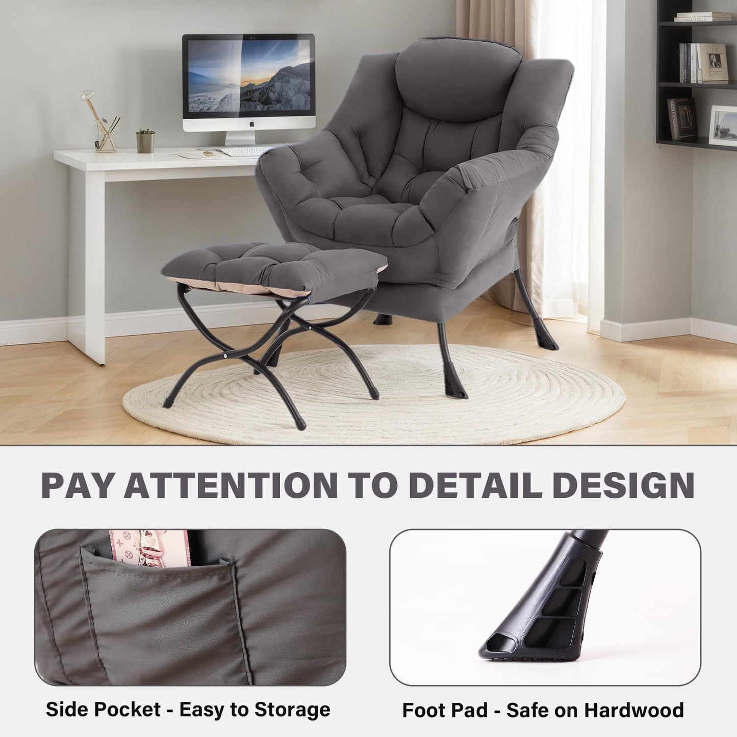 Tiita Modern Large Accent Chair with Ottoman, Comfy Leisure Sofa Armchair with Footrest, Reading Chair for Bedroom, Living Room, Dorm Rooms, Garden Dark Grey