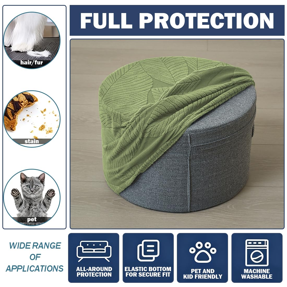 NEUORTBURG Round Ottoman Cover Stretch Round Ottoman Storage Slipcover Leaves Jacquard Folding Footrest Stool Furniture Protector Cover with Elastic Bottom for Living Room Set of 1 Olive Green