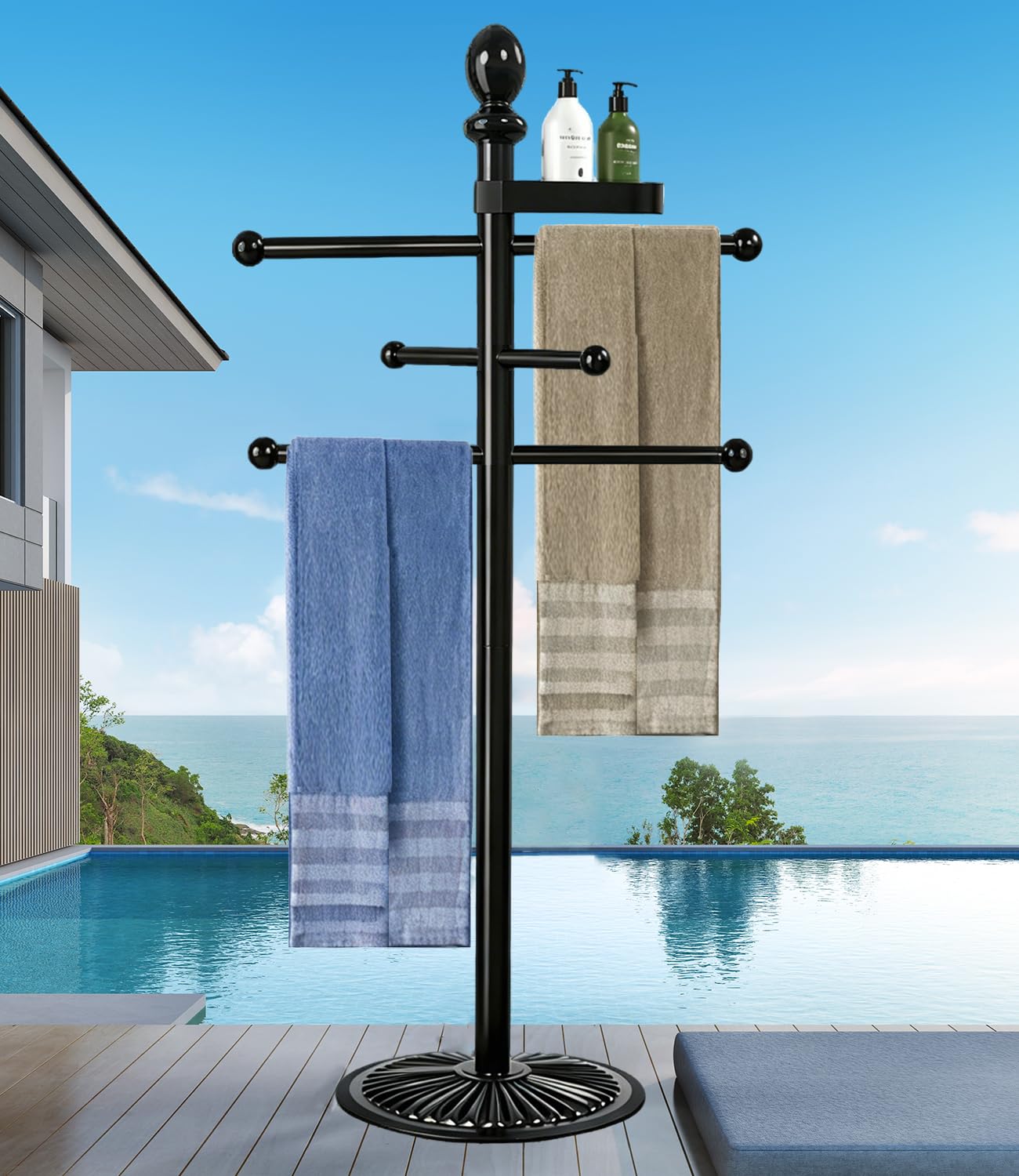 Pool Outdoor Towel Rack, 6 Bars with Top Tray Metal Heavy Duty Pool Accessories with Heavy Metal Base, Hot Tub Accessories Towel Dying Rack Towel Stand for Pool, Hot Tub etc