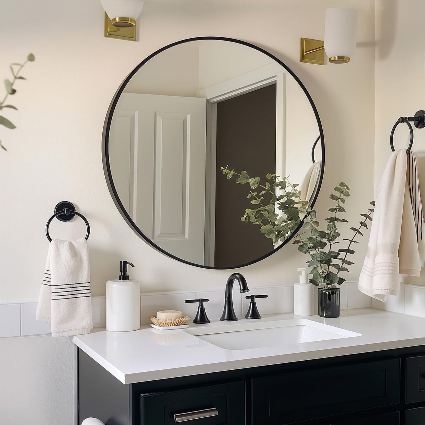 Sunniry Black Round Mirror, Round Mirror 24 inch, Matte Black Metal Frame