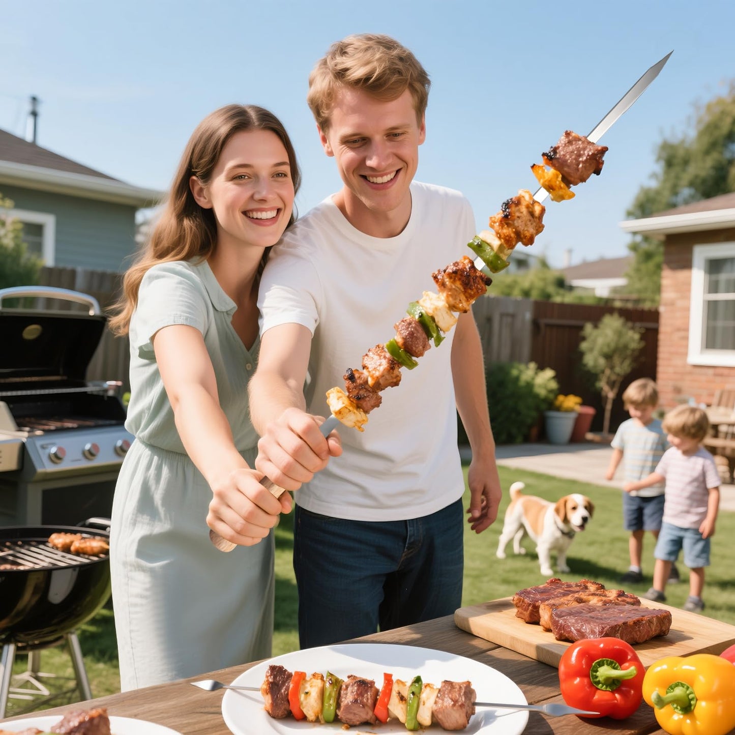 Idong 15 PCS Kabob Skewers 23.6" Large Size Flat Stainless Steel BBQ Skewers for Grilling Meat with Wood Handle, Reusable Metal Grilling Set for Koobideh Persian Shrimp Chicken Vegetable Kebab Fork