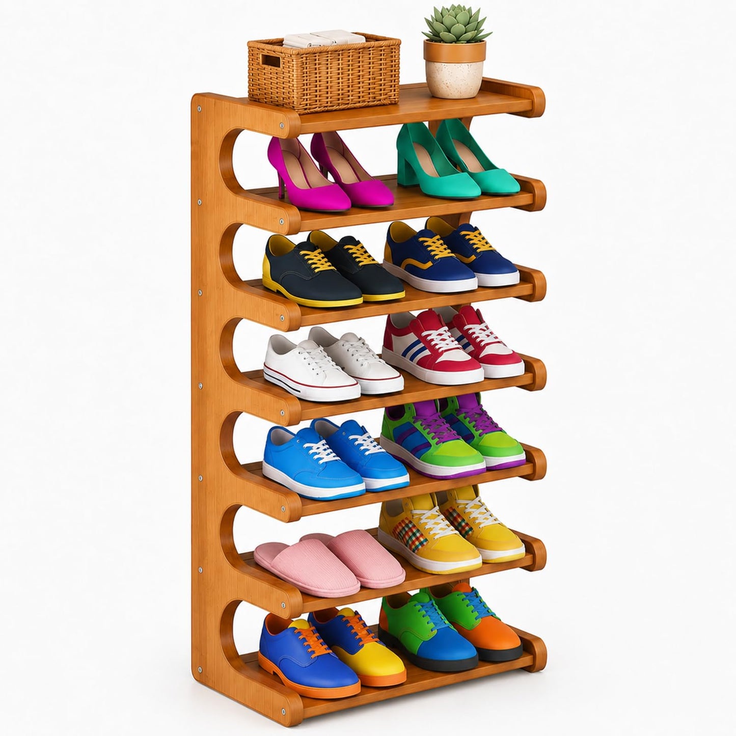 Vertical Bamboo Shoe Rack for Entryway - 7 Tier Tall Narrow Wooden Shoe Rack Tower, Freestanding Floor Shoe Storage Organizer for Closet, Bedroom, Corner & Small Spaces, Heavy Duty Open Shelf, Walnut