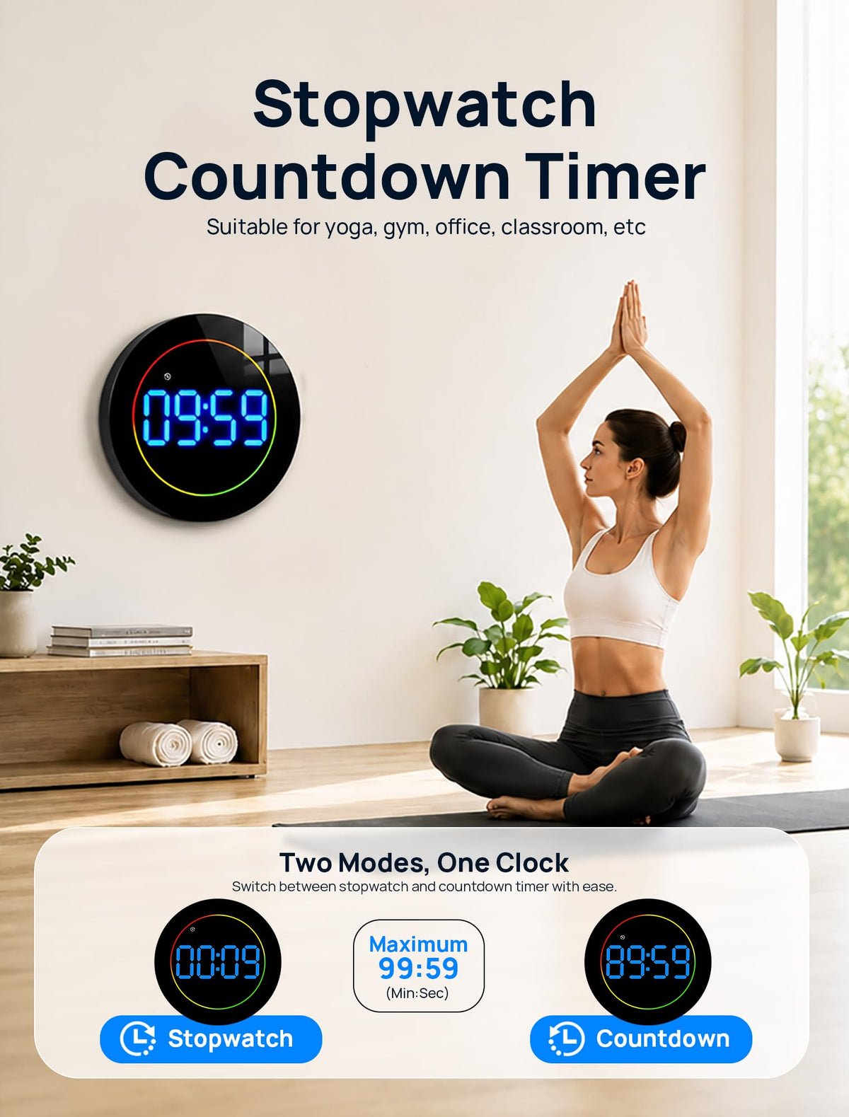 MASHI 10"Easy-Read Large Digital Wall Clock,11-Color Night Light,Auto-DST