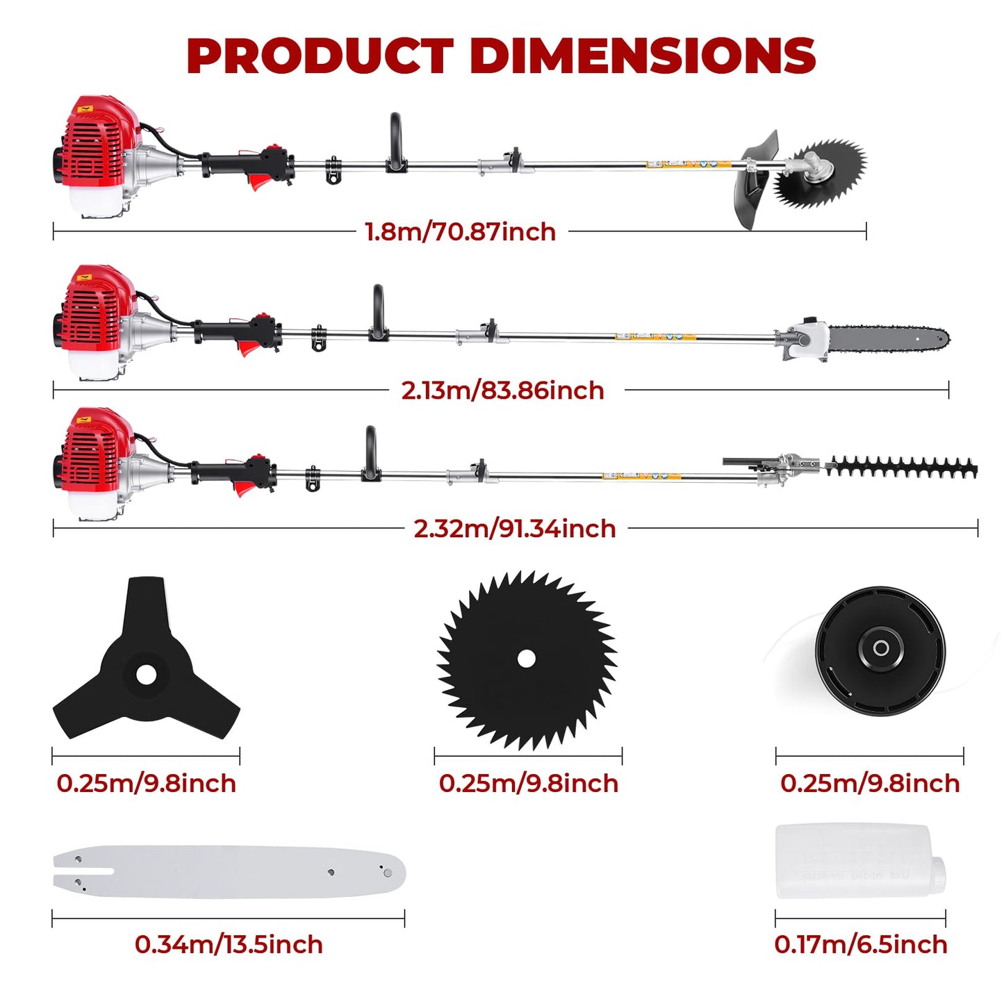 Pole Saws Gas Powered 6-in-1, 58CC 2-Cycle Powerful Gas Pole Saw Include String Trimmer Brush Cutter Pole Saw Hedge Trimmer Brush Cutter for Yard, Garden