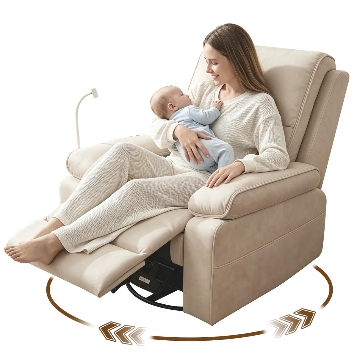 DEPSIS 360° Swivel Glider Rocking Chair Nursery， Oversized Recliner with Phone Holder，Nursing Chairs for Breastfeeding with Wide Foot Rest for Living Room and Baby Room,Beige