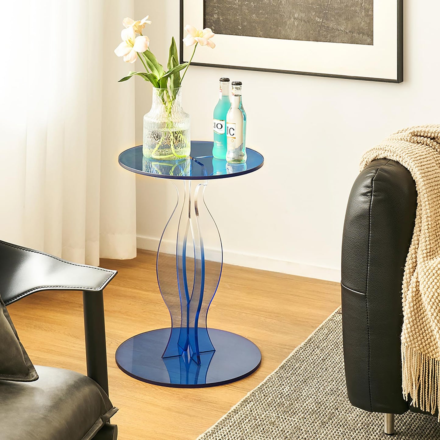 Zvaxioyv Acrylic Side Table, Clear End Table, Round Drink Table, Modern Nightstand for Living Room, Coffee Tables for Bedroom, Blue