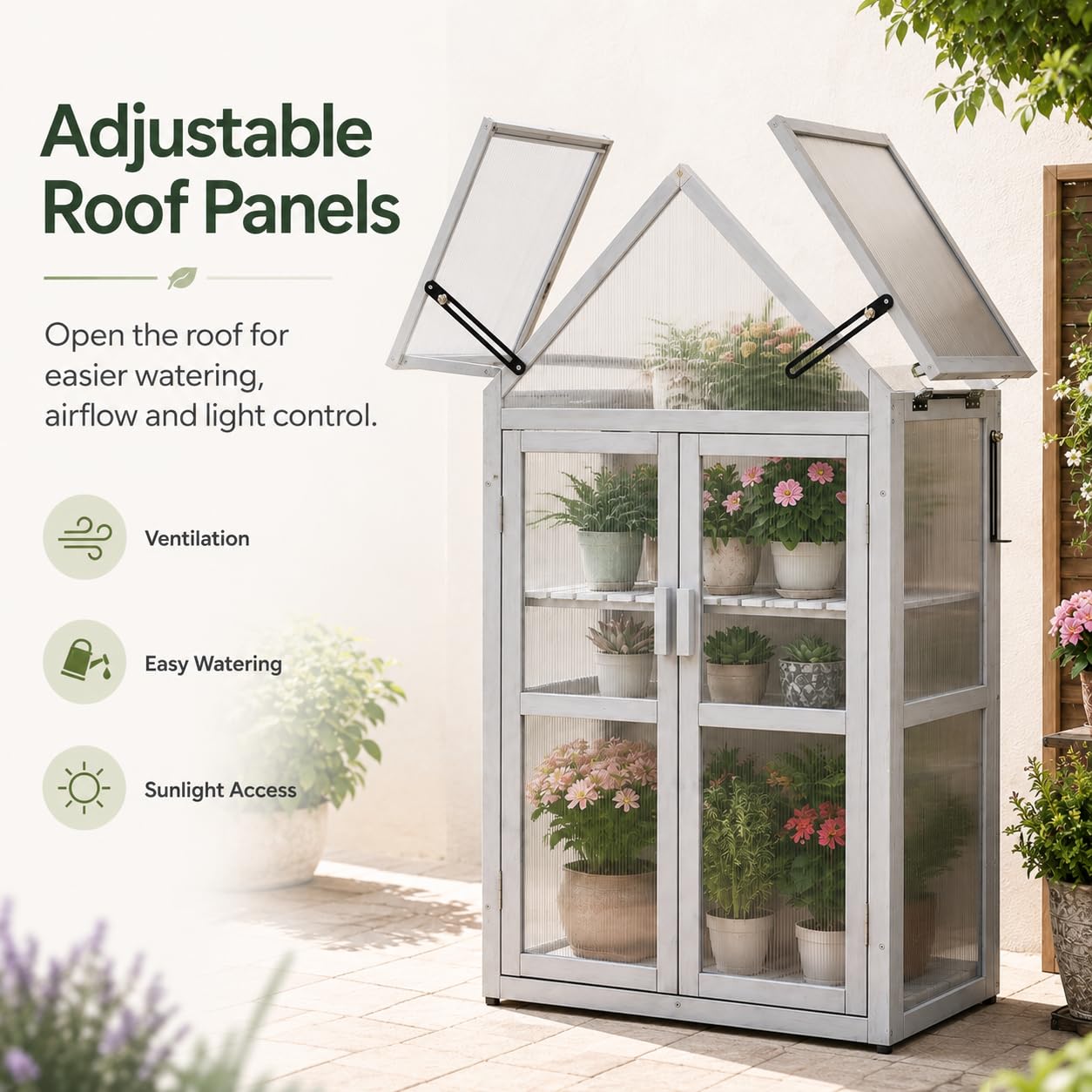 WizSeq Wooden Mini Greenhouse Outdoor, 52.3" Cedar Cold Frame Plant Stand with Adjustable Roof, Removable Shelves and Wall Brackets for Patio, Balcony, Garden, French Gray