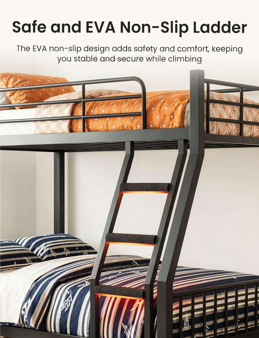 Twin XL Over Queen Bunk Bed, Heavy Duty 600lbs Bed Frame, Safety Guardrails