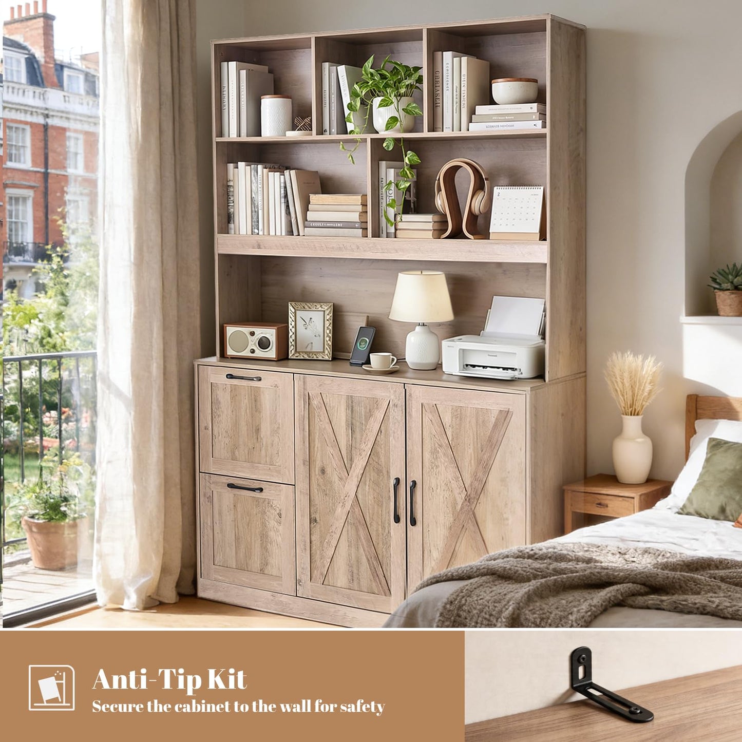 NORTHSKY 72'' Tall Bookshelf with Power Outlet, 2 Drawer File Cabinet for A4 Hanging Files, 3-Tier Open Shelves & Closed Storage Cabinets, Multifunctional Printer Stand - Light Brown