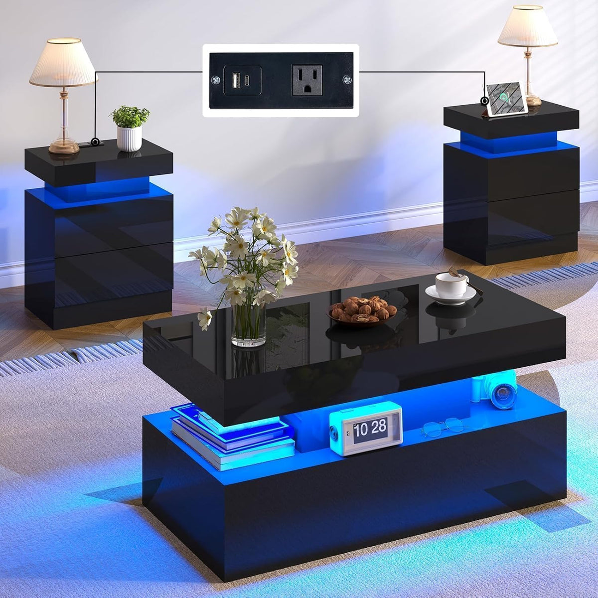 LUXOAK 3-Piece Modern Coffee Table Set with LED Lights
