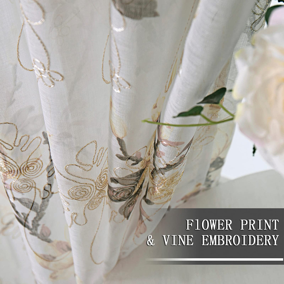 Tollpiz Floral Short White Sheer Tier Curtains Flower Print Vine Embroidery Kitchen Half Curtain Rod Pocket Café Voile Window Curtains for Bathroom, 30 x 24 inches Long, Set of 2 Panels