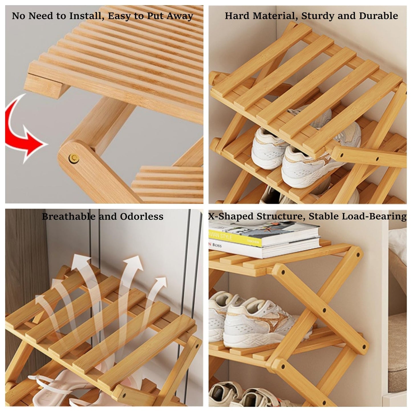 XZXWZX 5 Tier Foldable Shoe Rack, Bamboo Vertical Shoe Organizer Tall for Multifunctional Narrow Shoe Shelf for Entryway, Closet, Corner, Bedroom, Hallway(Natural)