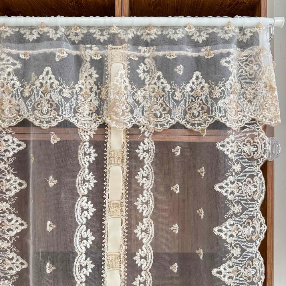 2PC Luxury Metallic Beige Flower Embroidery Lace Pull Up Balloon Curtain