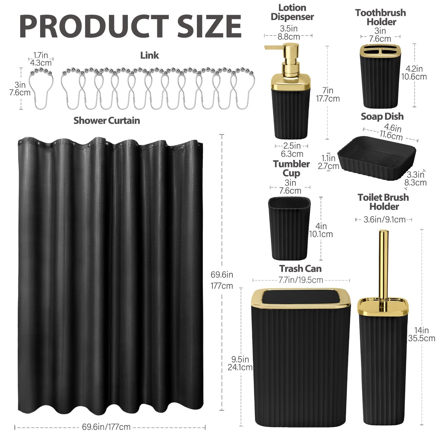 Bathroom Accessory Set, Shower Curtain Set, Toilet Brush, Trash Can & Soap Dispenser (Black Gold, Plastic)