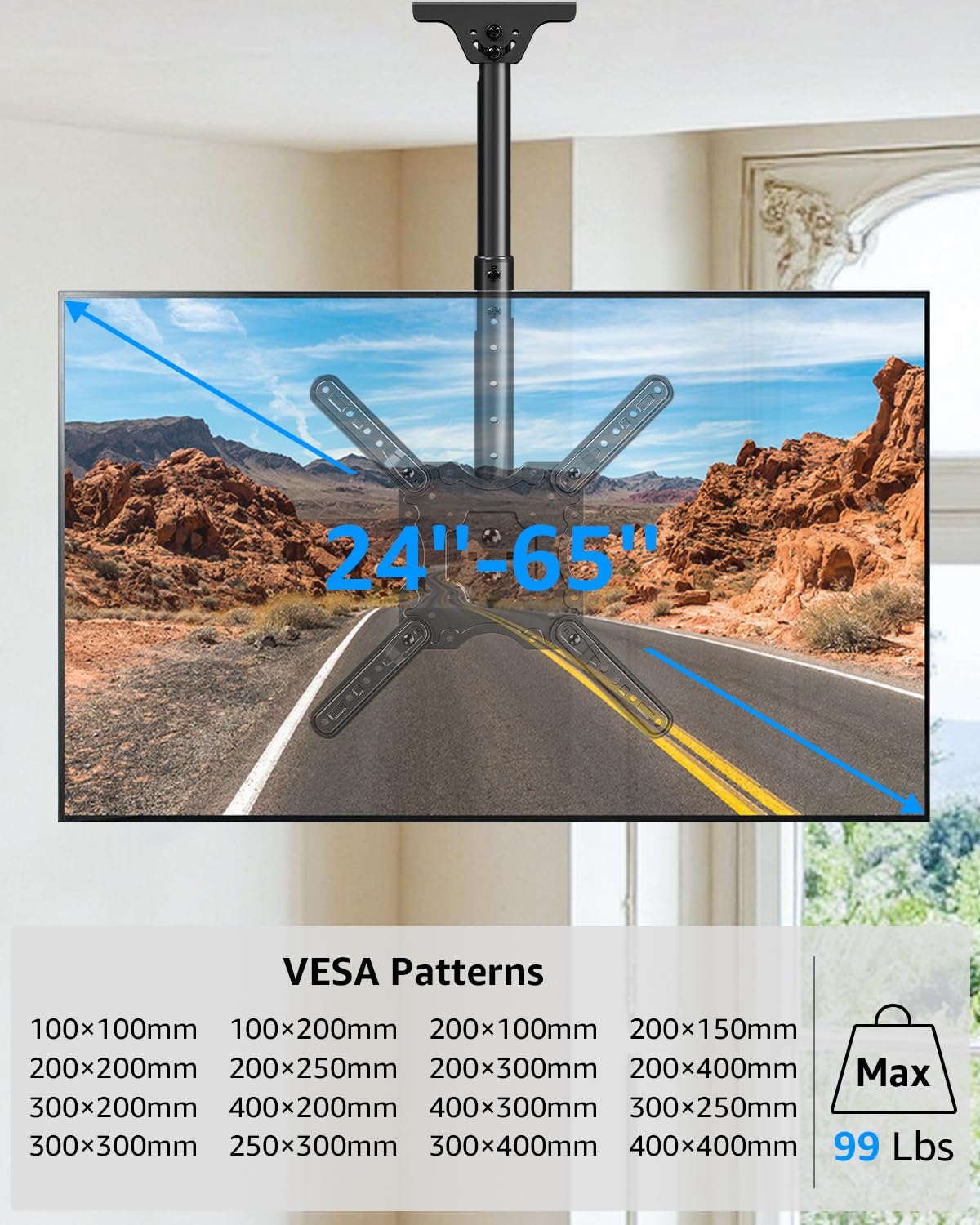 MOUNTUP Ceiling TV Mount for Most 24''- 65'' TVs, Hanging TV Ceiling Mount for 32 42 43 50 55 60 65 inch Screen, Full Motion Height Adjustable Bracket, Holes up to 99lbs, Max VESA 400x400mm, MU0039