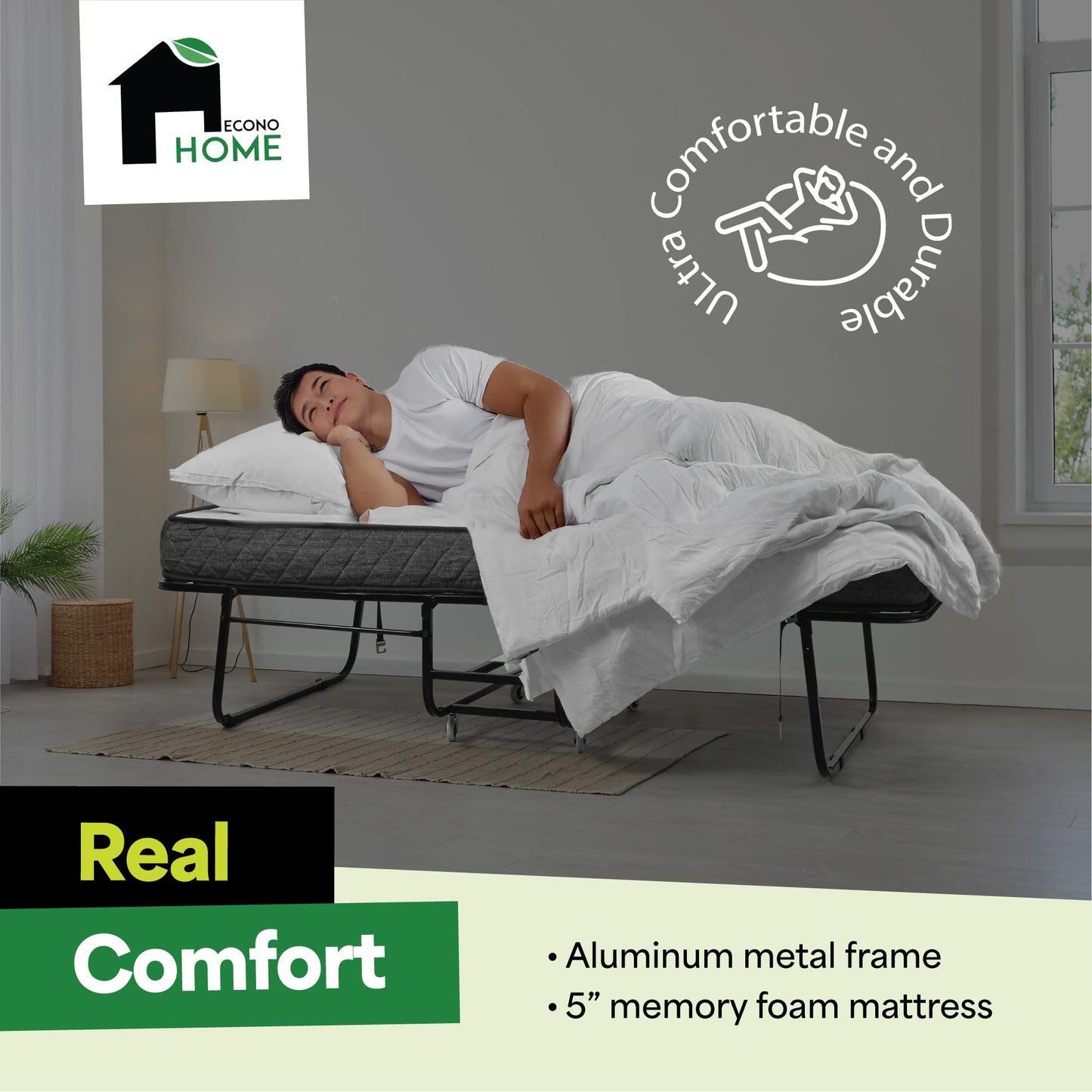 EconoHome Folding Bed with Mattress - 75x31 Cot Size Frame - Portable Rollaway Guest Bed with 5-inch Memory Foam Mattress - Space-Saving Foldable Design for Easy Storage