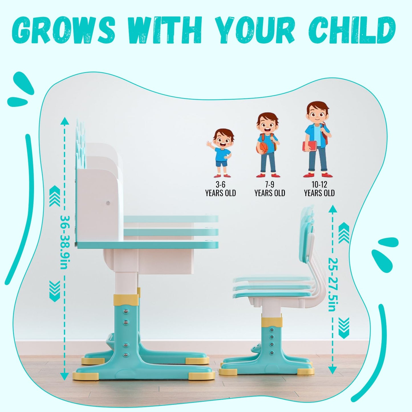 Kids Study Desk and Chair Set - Height Adjustable Study Writing Table with Bookstand and Storage Drawer, Child School Study Writing Table Ergonomic Widened Desktop Art Desk for Boy & Girl (Cyan)