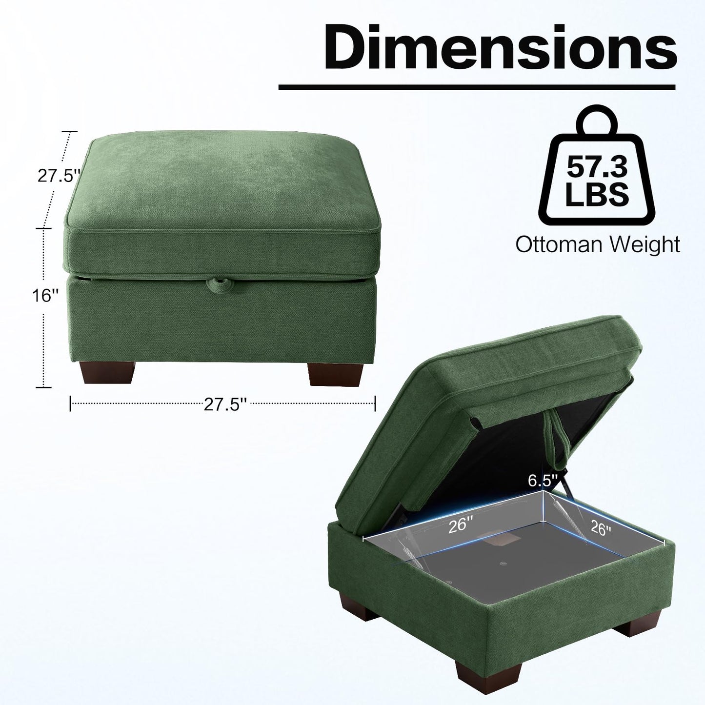 TEKAMON 27.5" Storage Ottoman, Square Footrest with Sponge Padded Seat, Chenille Fabric Step Stool for Sofa, Bedroom, Living Room, Entryway, Modern Change Shoes Stool, Wood Legs, (Green)