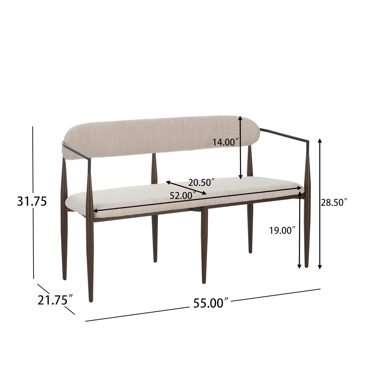 Christopher Knight Home Names Modern Metal Loveseat, Living Room Fabric Upholstered Settee, Curved Open Backrest 2-Seater Sofa, Cozy Couch for Bedroom, Apartment, Home Office, Black+Coffee+Beige
