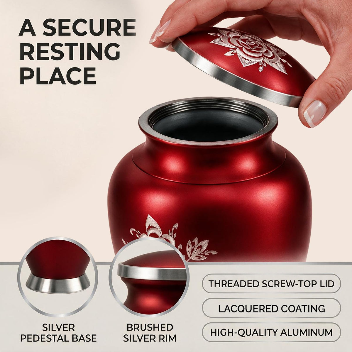 Large Cremation Urns for Human Ashes Adult Female - 200 Cubic Inches Capacity - Handcrafted Rose Urn Design - Honor Your Loved Ones with Decorative Funeral Urn for Ashes for Women (Red)